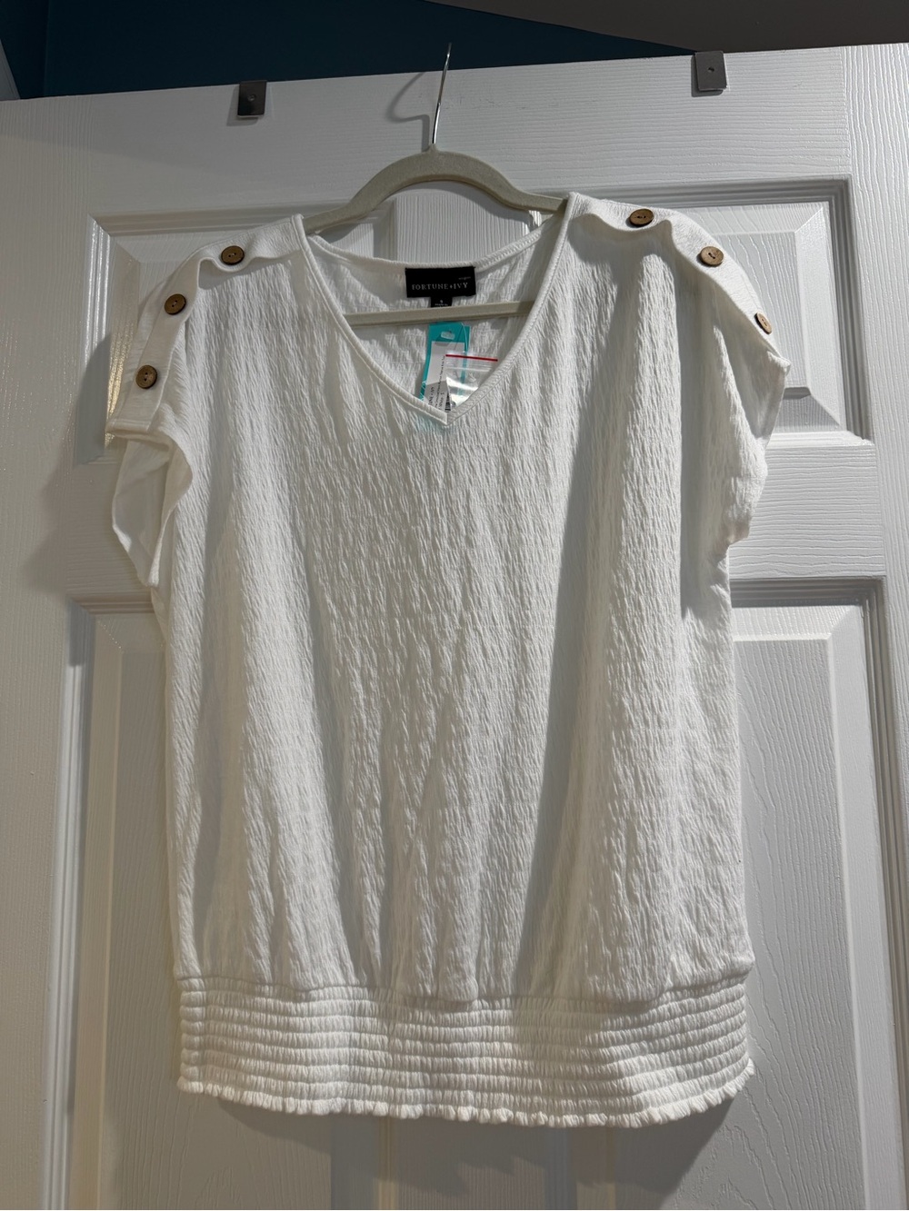 Textured White Button-Shoulder Tunic Top